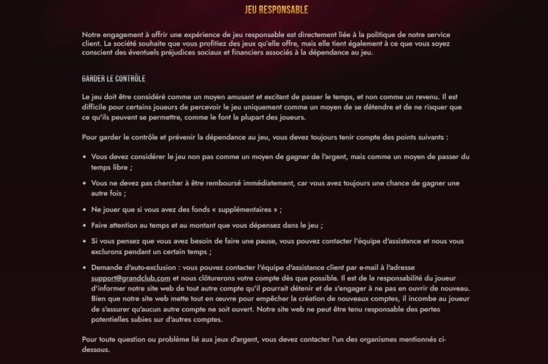 Grand Club Casino jeu responsable